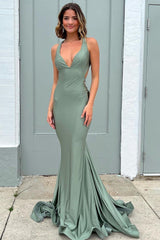 Long Sage Prom Dress with V Neck and Open Back in Mermaid Style