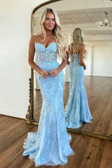 Sweetheart Neck Mermaid Prom Dress in Sky Blue with Appliques