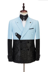 Chic Sky Blue Stitching Two-Piece Sparkle Black Peak Lapel Wedding Suit for Men