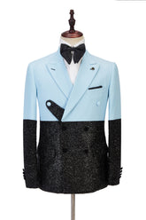 Glamorous Sky Blue Stitching Sparkle Two-Piece Party Prom Suits with Black Peak Lapel