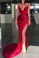 Long Red Prom Dress with Spaghetti Straps and Front Split Sheath