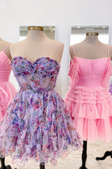 Lilac Corset Sweetheart Floral A-Line Short Homecoming Dress/Mini Dress with Ruffles