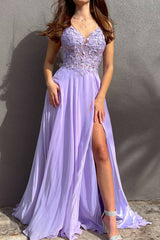 Elegant Purple A-Line Prom Dress with Spaghetti Straps and Appliques