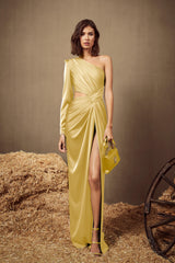 One Shoulder Long Sleeve Long High Split Formal Dress With Pleated