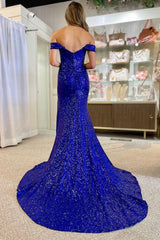 Royal Blue Sequined Mermaid Prom Dress with Slit and Off-Shoulder Design