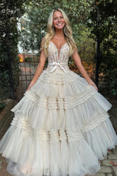 Ivory Off-the-Shoulder Princess A-Line Prom Dress with Ruffles