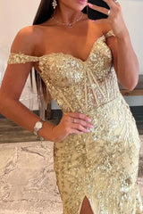 Golden Sparkle Mermaid Prom Dress with Shoulder Slit and Sequins