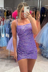 Sparkly Pink Sequins Spaghetti Straps Sleeveless Tight Short Homecoming Dress/Mini Dress