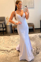 Long White Prom Dress with Sparkly Mermaid Silhouette and Sequined Spaghetti Straps