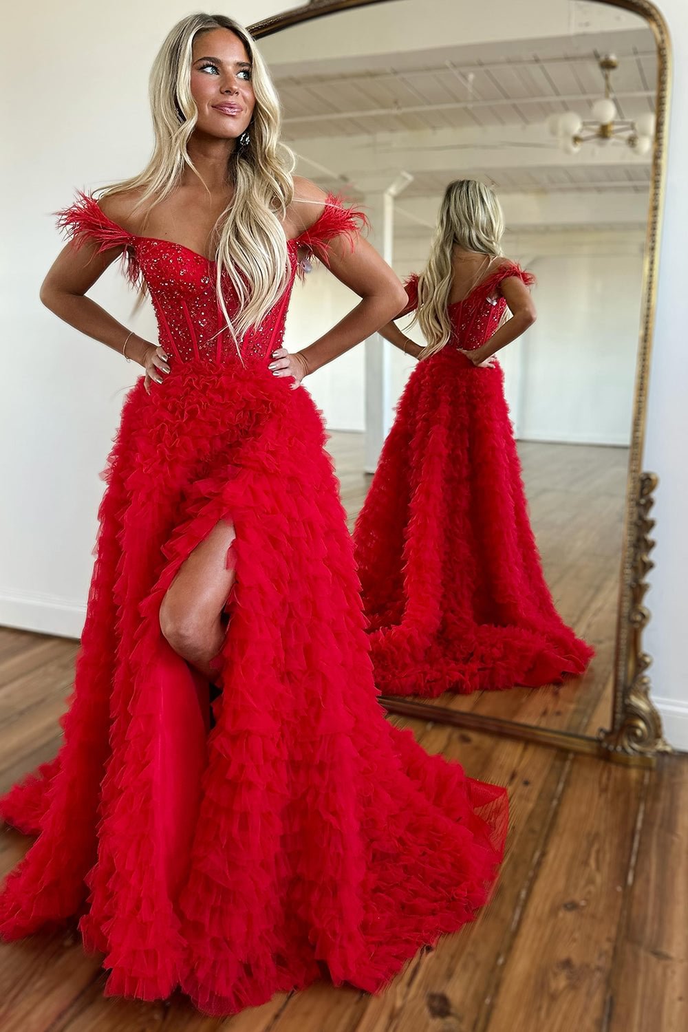 Princess Prom Dress in Red with Off-the-Shoulder A-Line Design