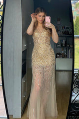Golden Backless Prom Dress with a Deep V Neck in Mermaid Style