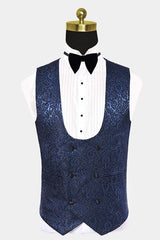 Stylish Navy Blue Slim Floral Black Satin Lapel Wedding Prom Suit for Men