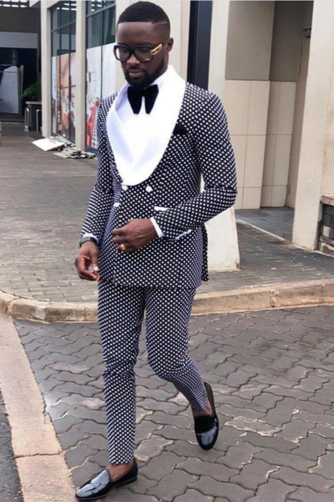 Fashion Black Dot Shawl Lapel Double-Breasted Men's Suit White Lapel