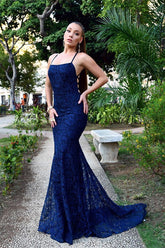 Navy Blue Mermaid Lace Evening Dress