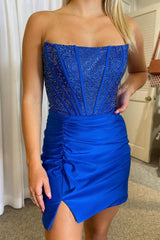 Royal Blue Strapless Beaded Tight Homecoming Dress/Mini Dress