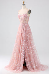 Long Corset Prom Dress in Blush with A-Line Silhouette and Spaghetti Straps Adorned with Appliques