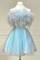 Light Blue A-Line Strapless Homecoming Dress/Mini Dress with Feathers