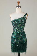 Sparkly Dark Green Tight Short Beaded Homecoming Dress/Mini Dress with Feathers