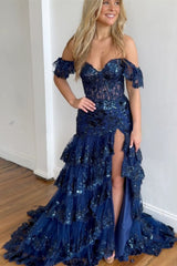 Elegant Navy Mermaid Prom Dress with Off-Shoulder Lace Ruffles