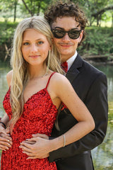 Long Red Sequined Prom Dress with Mermaid Spaghetti Straps and Front Split