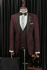 Modern Burgundy Jacquard Peaked Lapel Three-Piece Men's Suits for Wedding