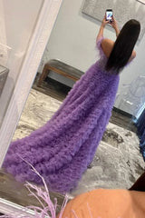 Long A-Line Corset Prom Dress in Purple with Off-Shoulder Tulle Tiers and Feather