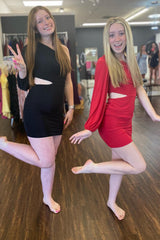 Simple Black One Shoulder One Sleeve Cut Out Tight Short Homecoming Dress/Mini Dress