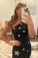 Sheath One Shoulder Black Sequins Short Homecoming Dress/Mini Dress with Star