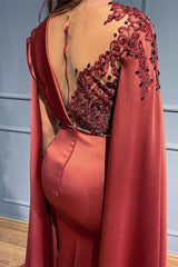 Rust Long Sleeves Beads Mermaid Appliques Evening Dress With Ruffles