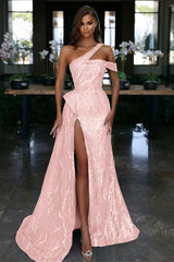 Ocean Blue Off-the-Shoulder Slit Evening Dress With Gorgeous Sequins