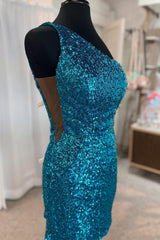 Sparkly Blue Sequined One Shoulder Tight Short Homecoming Dress/Mini Dress