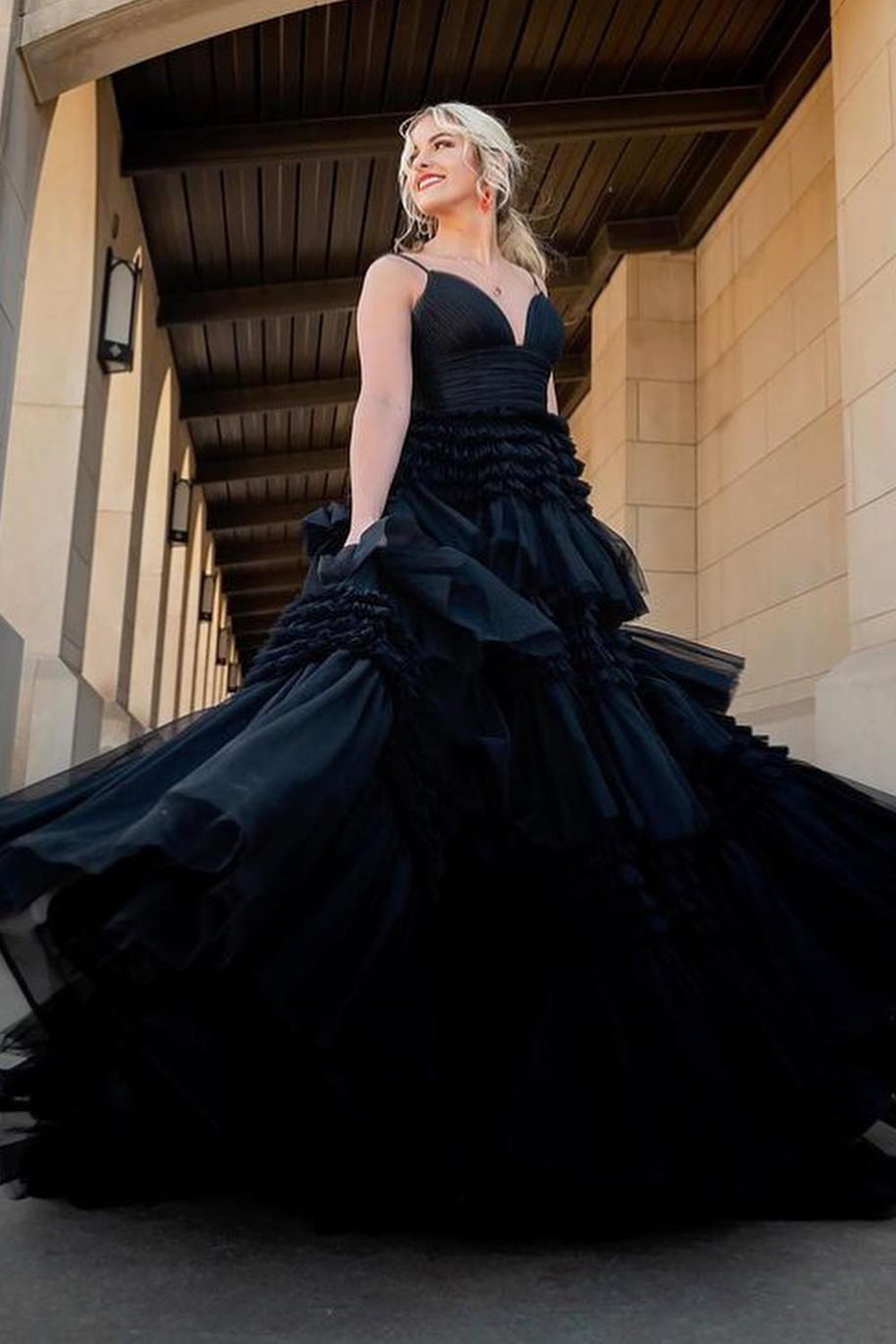 Long Black Prom Dress with Spaghetti Straps in A-Line Style