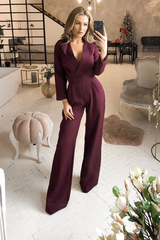 Elegant Grape V-Neck Lapel Long Jump Suit With Sleeves