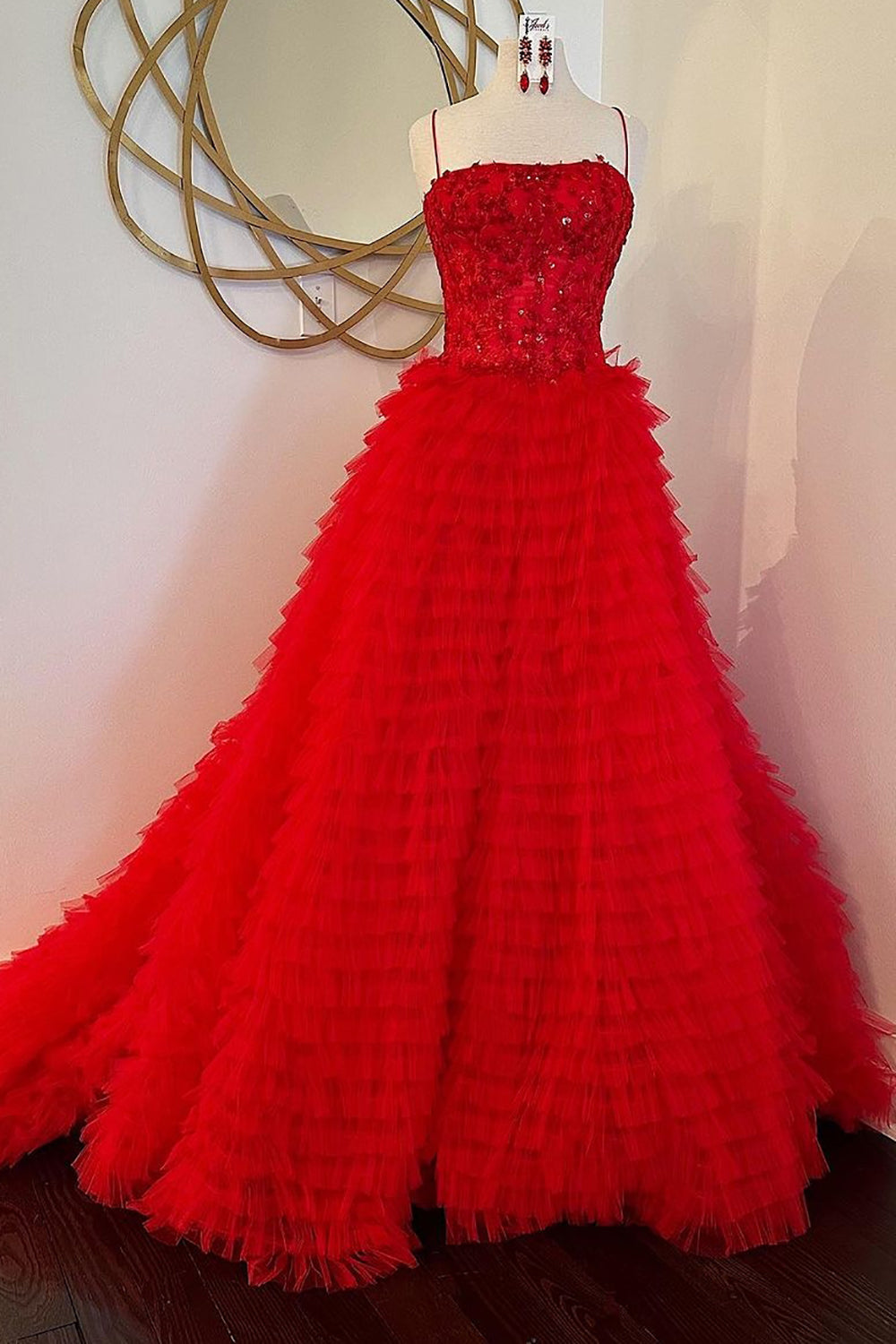 Red Long Prom Dress with Ruffles Appliques and Princess A-Line Spaghetti Straps