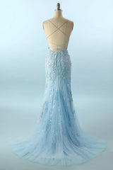 Prom Dress with Blue Spaghetti Straps and Backless Appliques