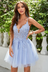 A Line Spaghetti Straps Light Purple Short Homecoming Dress/Mini Dress with Appliques