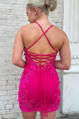 Sparkly Fuchsia Tight Short Homecoming Dress/Mini Dress with Appliques