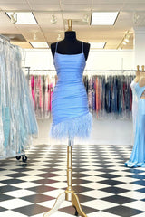Glitter Light Blue Feathered Tight Short Homecoming Dress/Mini Dress