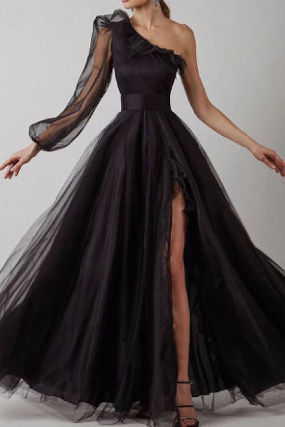 Black One Shoulder A-Line Long Sleeve Prom Gown