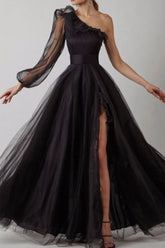Black One Shoulder A-Line Long Sleeve Prom Gown