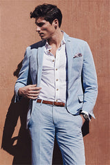 Fashion Casual Sky Blue Summer Linen Beach Two-Piece Wedding Suits for Men