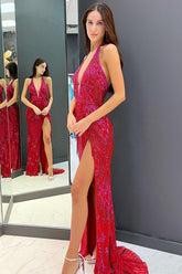 Long Red Sequined Prom Dress with Halter Neck and Open Back