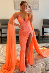 Long Orange Prom Dress with Watteau Train and Sequins