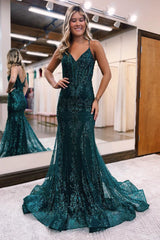 Long Dark Green Mermaid Prom Dress with Sparkly Sequins