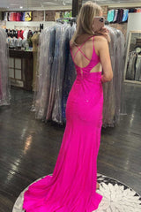 Mermaid Prom Dress in Hot Pink with Beading and Slit
