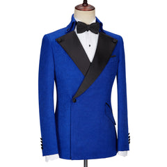 New Arrival Royal Blue Fashion Black Lapel Wedding Suits with Jacquard