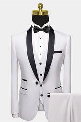 Classic White Shawl Lapel and Pocket Edge Wedding Tuxedos with Black Satin