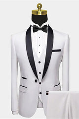 Classic White Shawl Lapel and Pocket Edge Wedding Tuxedos with Black Satin