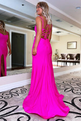 Prom Dress in Blue with Lace-Up Detail and Slit