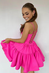 Red A Line Spaghetti Straps Short Satin Homecoming Dress/Mini Dress